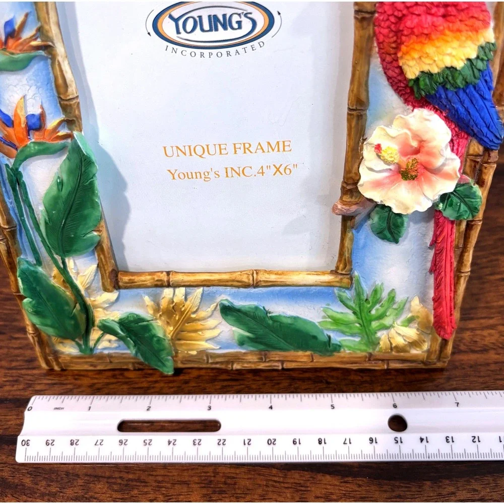 Tropical Parrot Photo Frame 4x6 Macaw Hibiscus Faux Bamboo Coastal Island Décor